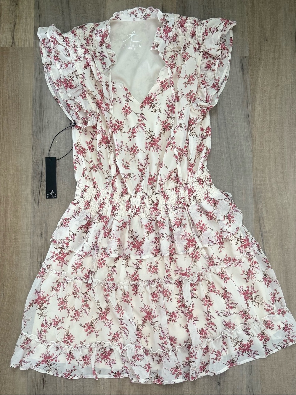 T by Talia Pink Cream Floral Wildflower Ruffle Summer Prairie Mini Chiffon Dress